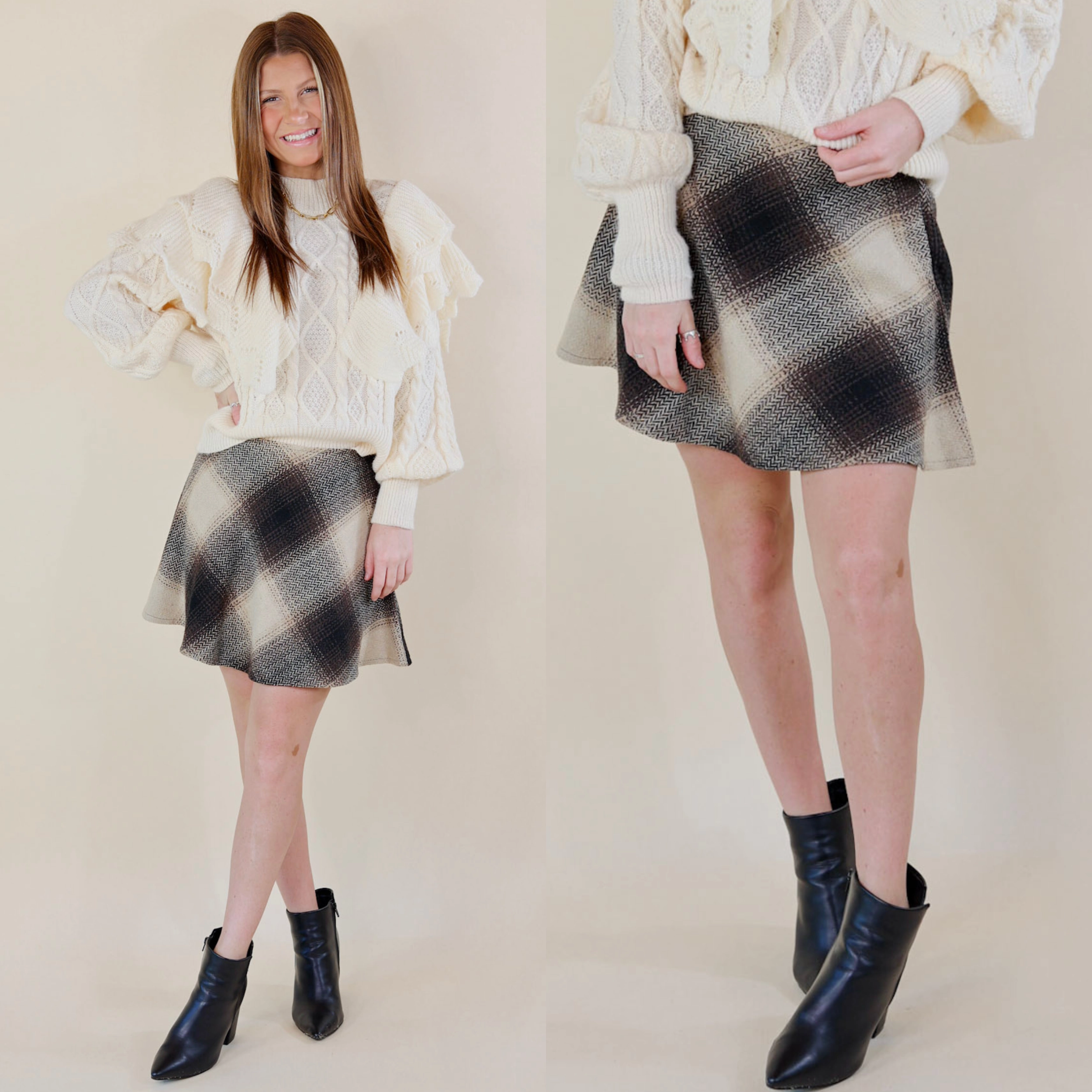 Flexible Ankle Cuffs Fireside Talks Plaid Skirt in Black Mix