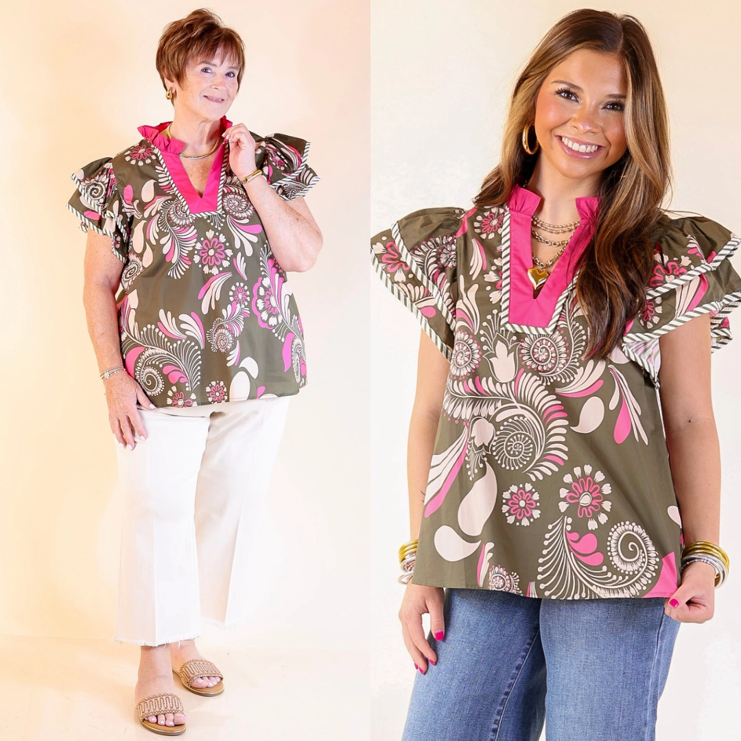 First Impressions V Neck Paisley Top with Ruffle Cap Sleeves and Stripe Detailing in Olive Green Wrinkle-Resistant Runway Inspired