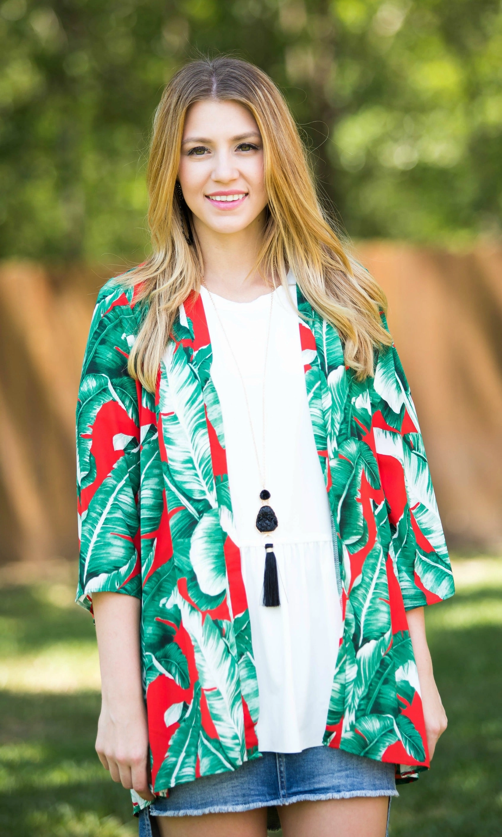 FourWayStretchClothing Thermal Insulation Can't Miss It Palm Leaf Kimono in Red