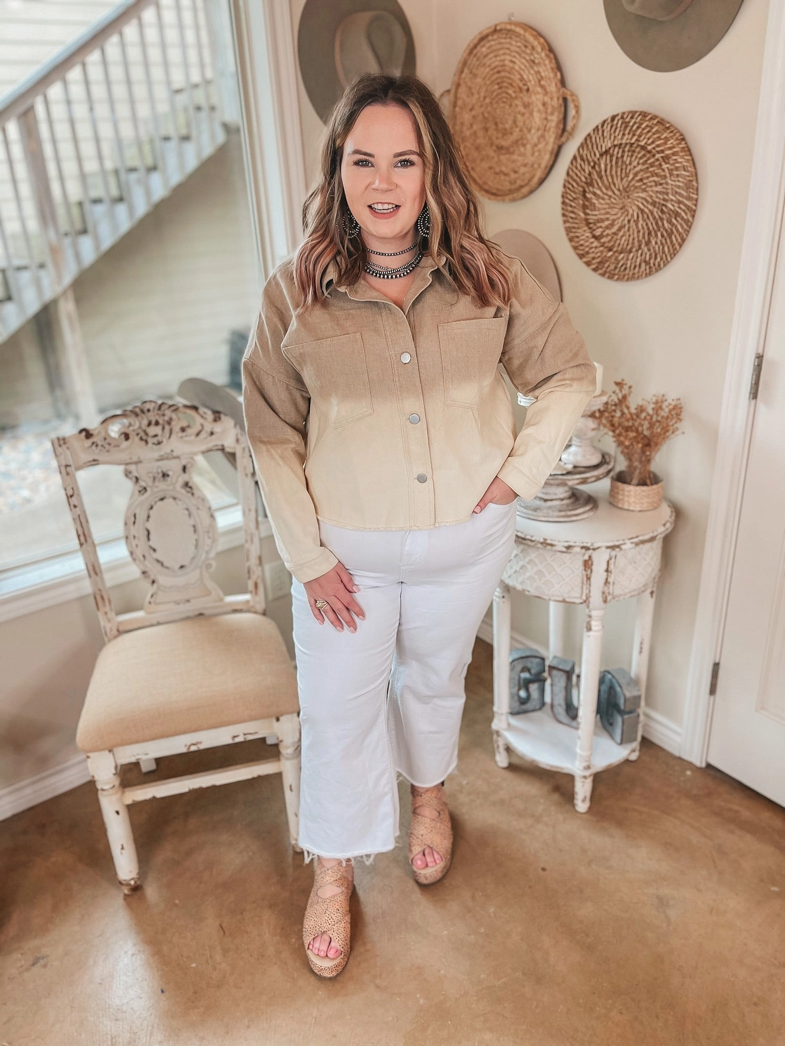 Casual Shirt 90's Baby Ombre Cropped Denim Button Up Jacket in Taupe