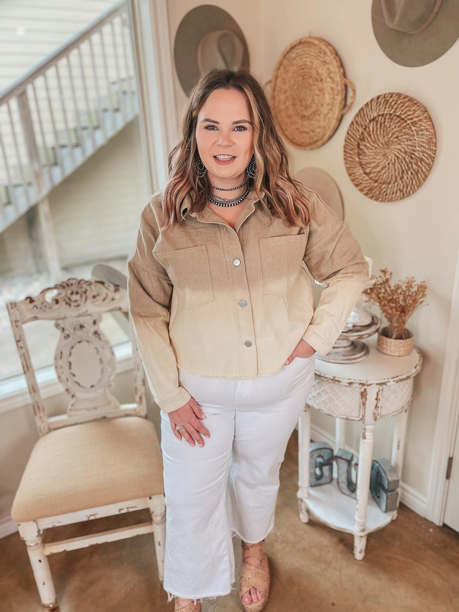 90's Baby Ombre Cropped Denim Button Up Jacket in Taupe ShrinkageFree Fabric