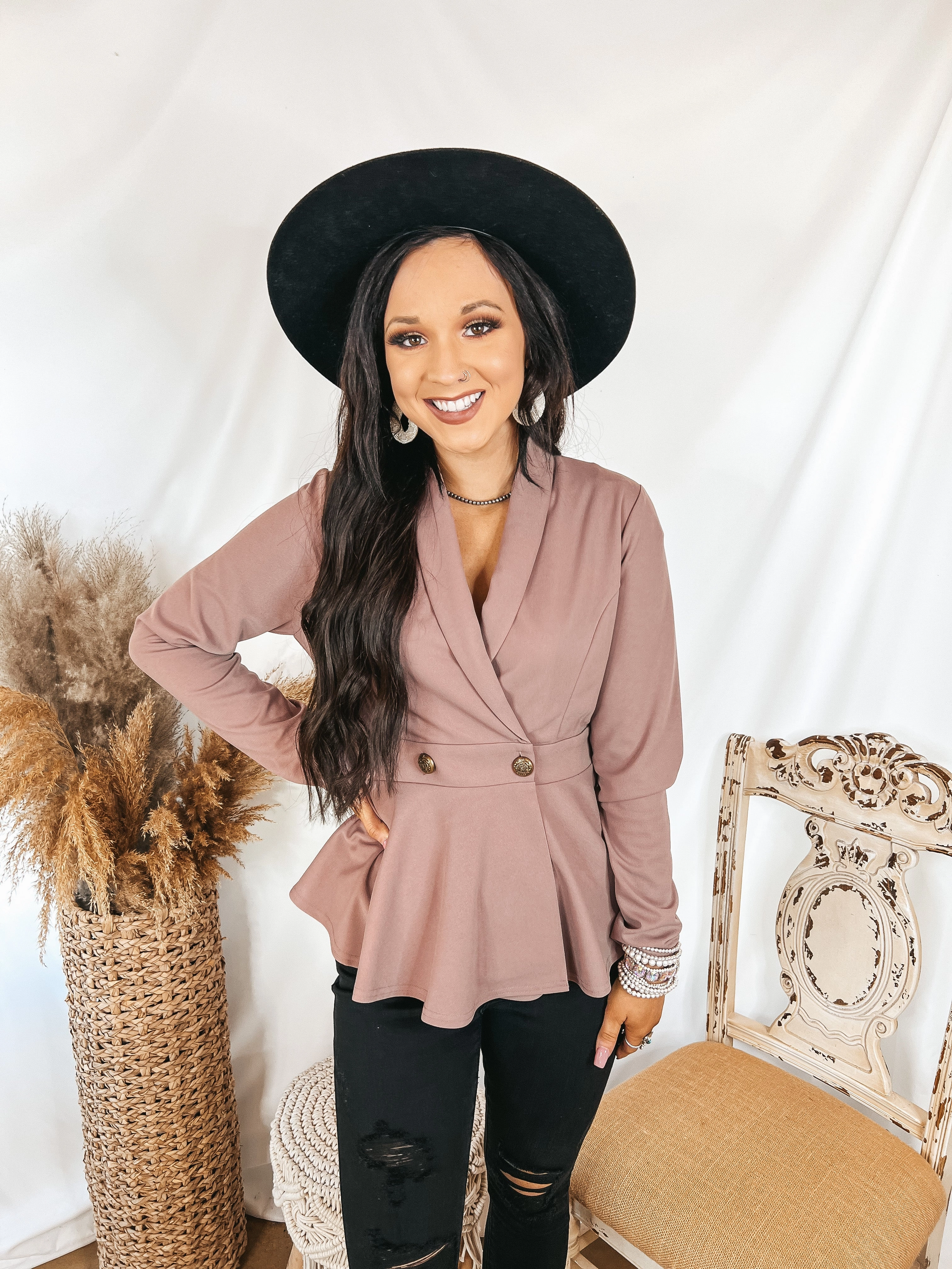 Rumored Romance Double Breasted Peplum Blazer Blouse in Mauve Design Glow