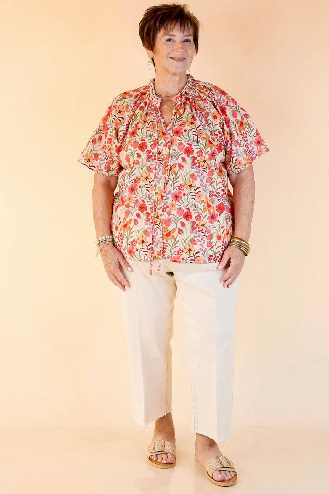 Long Sleeve Non-irritating Whimsical Blooms Short Sleeve Floral Print Top in Off White