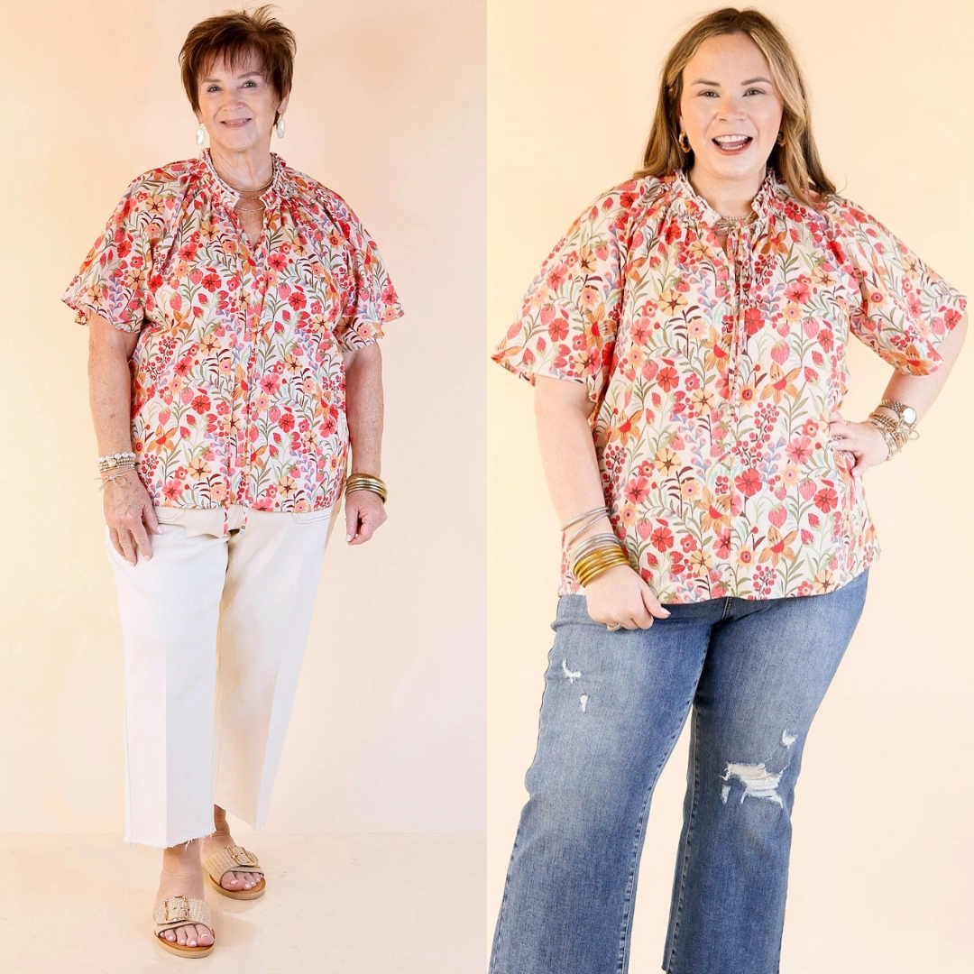Subtle patterns Whimsical Blooms Short Sleeve Floral Print Top in Off White