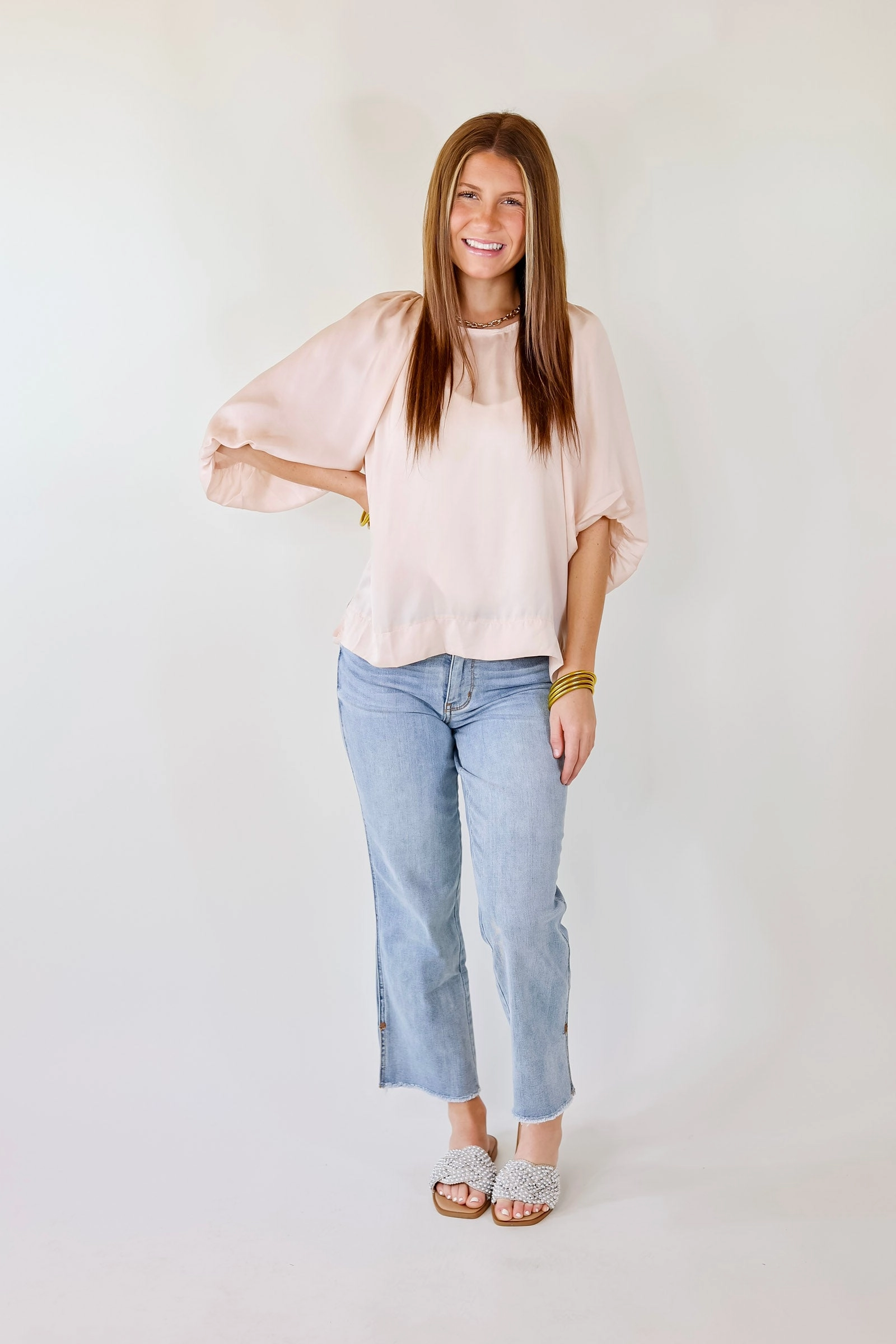 Flash A Smile Half Balloon Sleeve Satin Blouse in Champagne Reflective Safety Accents