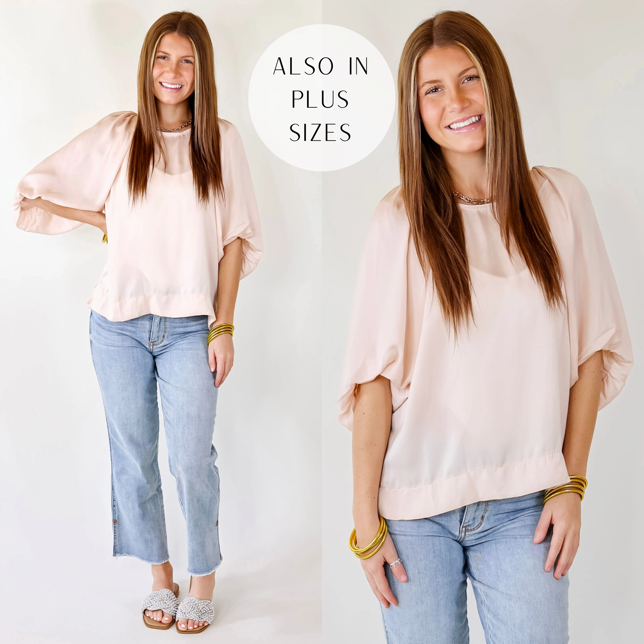 Flash A Smile Half Balloon Sleeve Satin Blouse in Champagne Brunch Fit ChafeFree Design