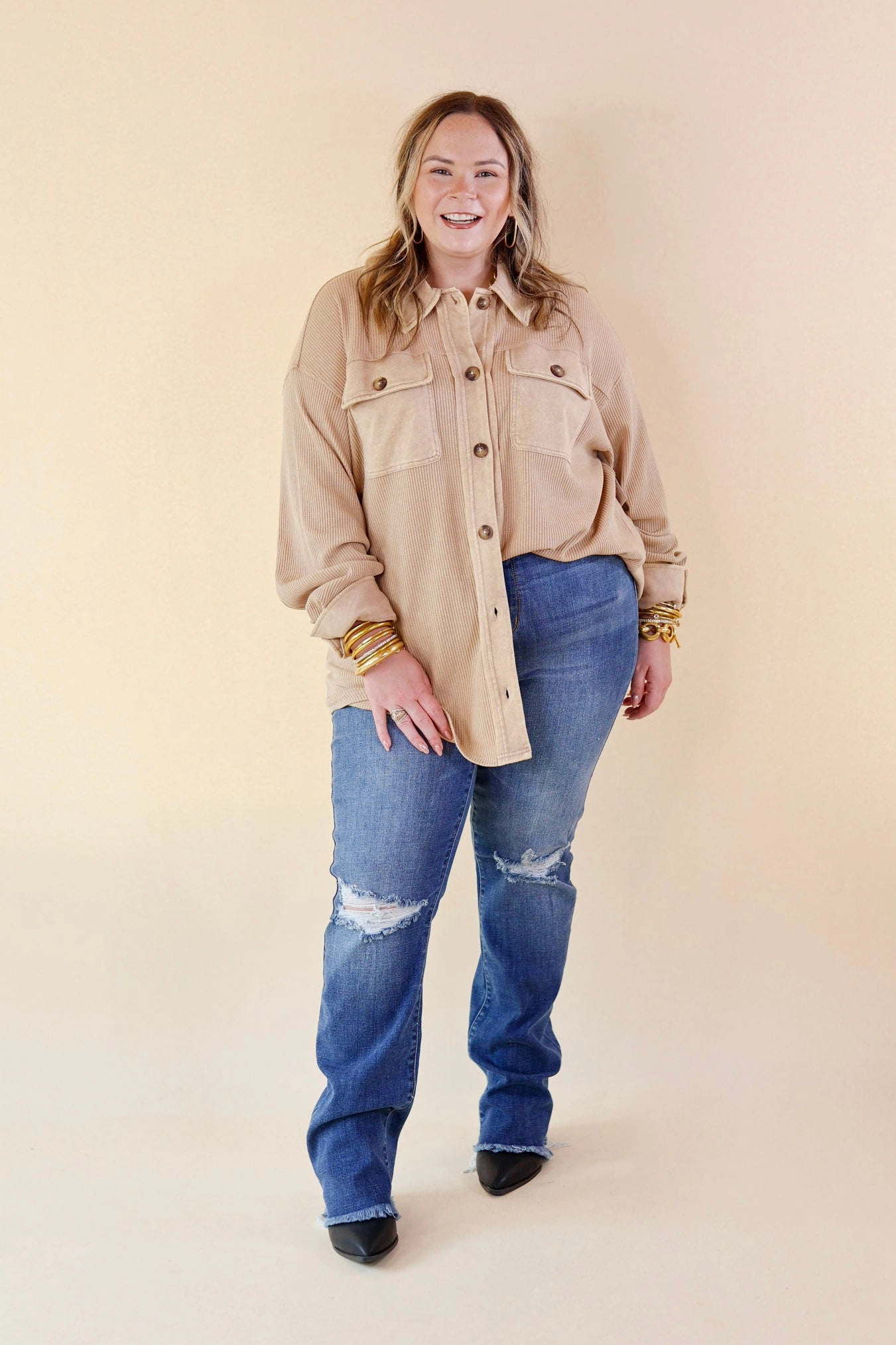 Smart Look Fashion Trend A Place To Unwind Button Up Waffle Knit Shacket in Cream