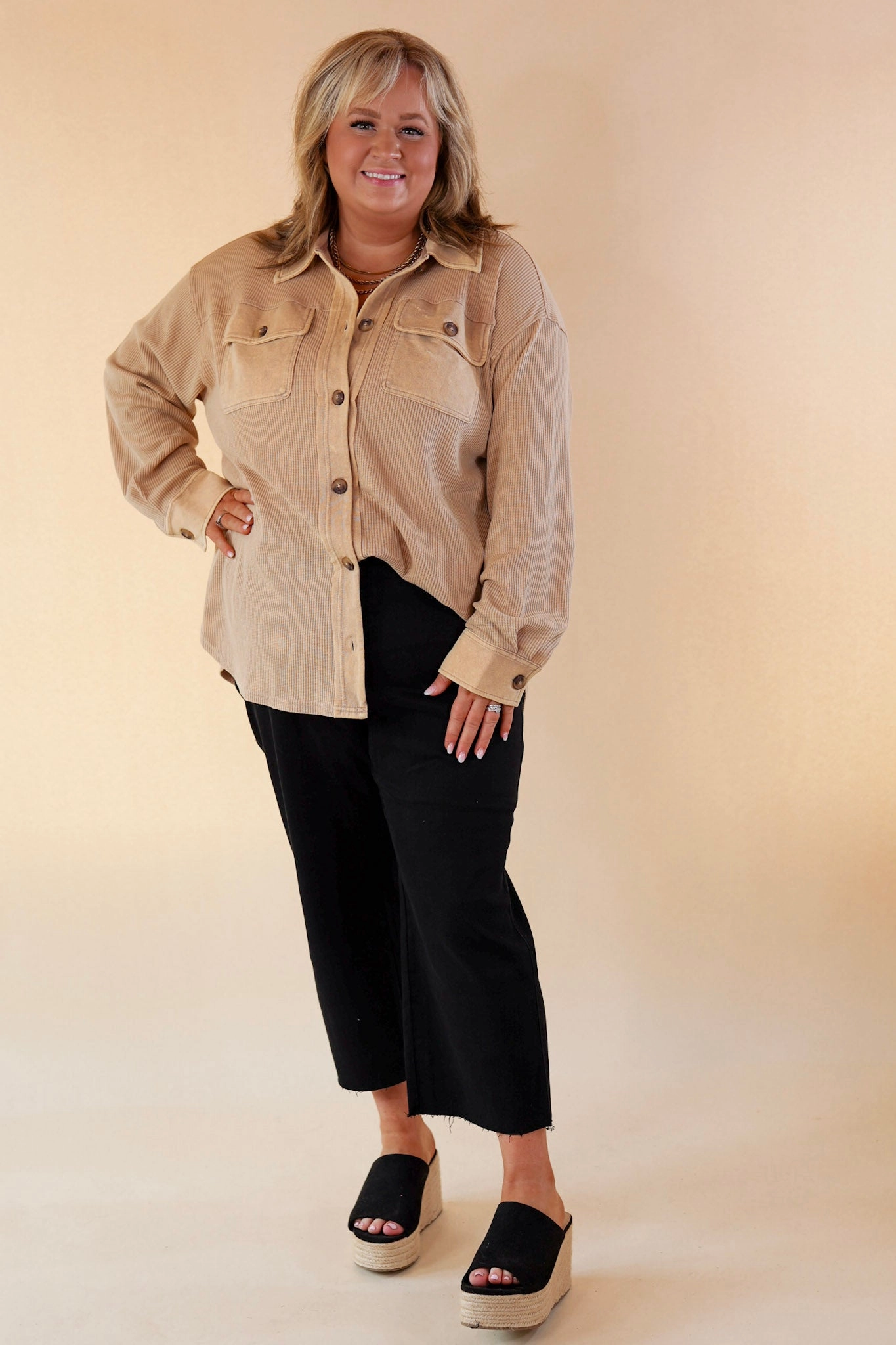 NoSlipGrip AntiBacterialTreatment A Place To Unwind Button Up Waffle Knit Shacket in Cream