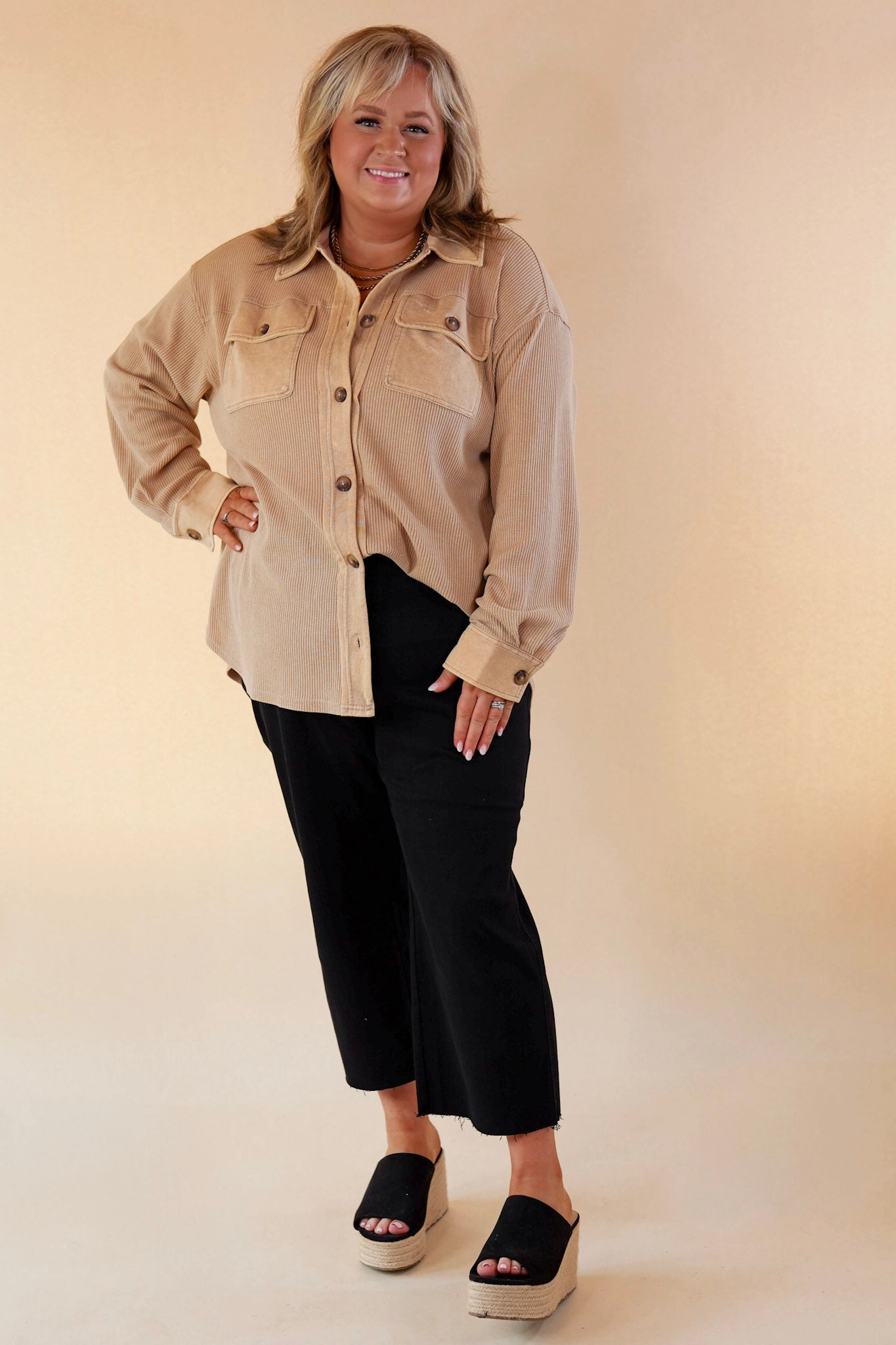 A Place To Unwind Button Up Waffle Knit Shacket in Cream Multi-Purpose Wear DurableWeave