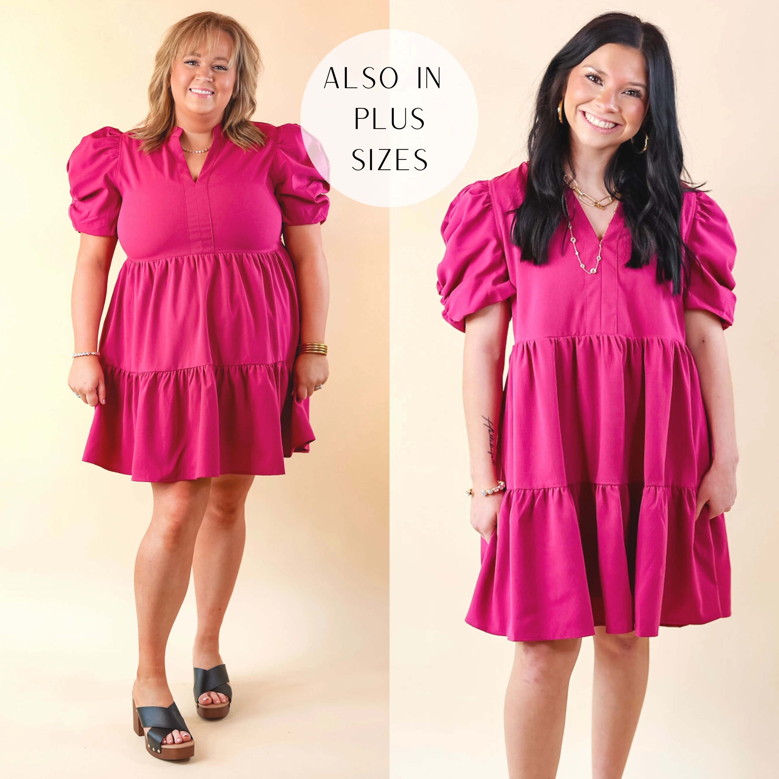 Call Me Chic Balloon Sleeve Short Dress in Magenta Purple ReflectiveDetails