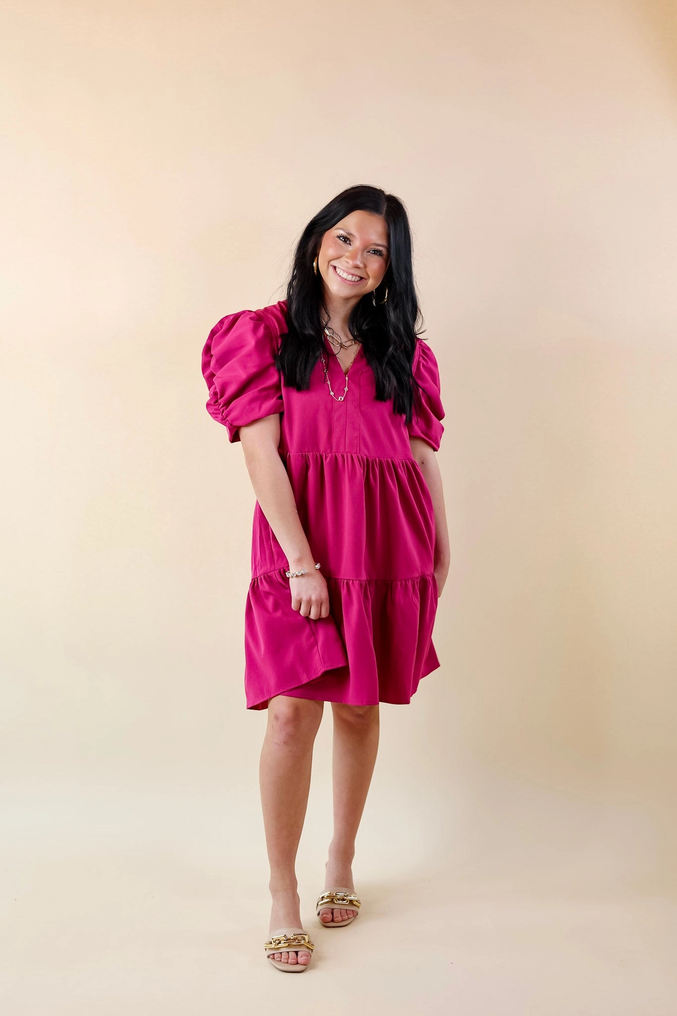 AdjustableWaistband Call Me Chic Balloon Sleeve Short Dress in Magenta Purple
