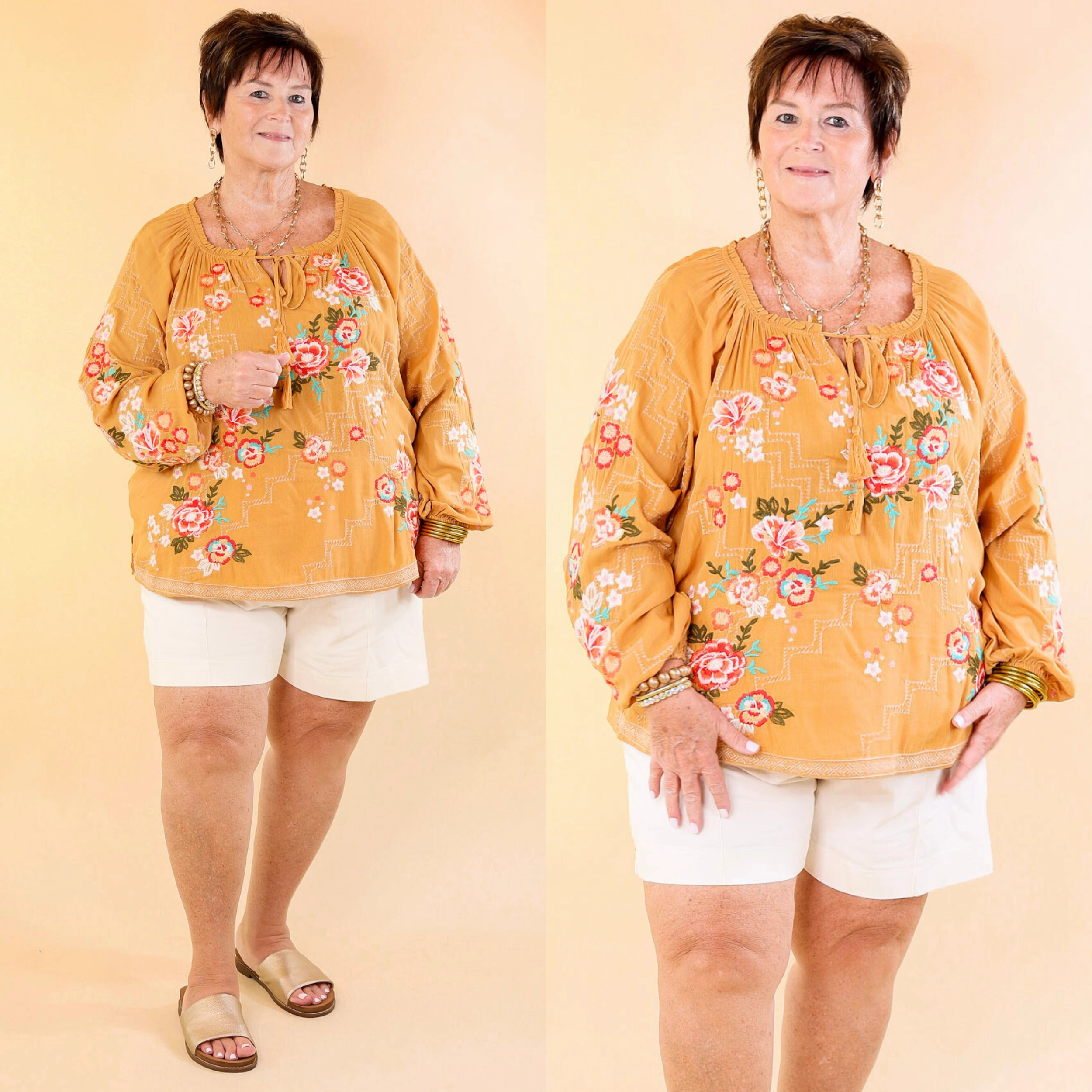 UltraSoftLining LightReflectiveTrim Fashionably Late Embroidered Long Sleeve Top with Front Keyhole and Tie in Mustard Yellow