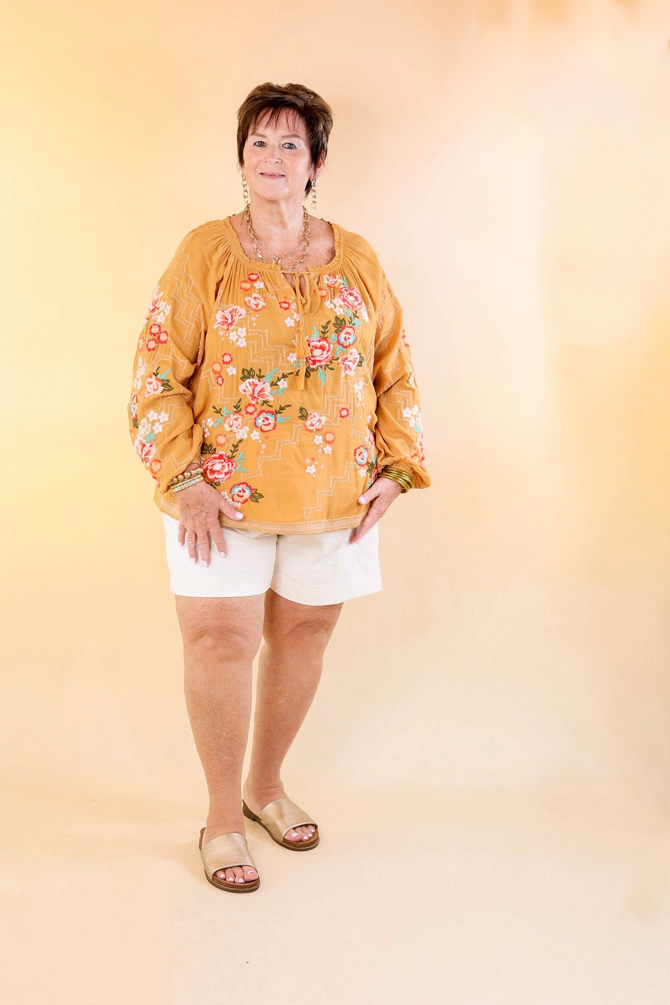 Fashionably Late Embroidered Long Sleeve Top with Front Keyhole and Tie in Mustard Yellow Thermal Insulation Layer