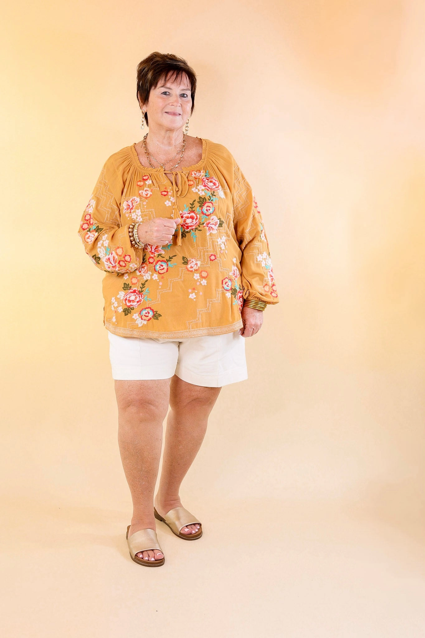 Fashionably Late Embroidered Long Sleeve Top with Front Keyhole and Tie in Mustard Yellow AthleisureReady Hypoallergenic fabric