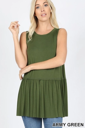 Last Chance Size Medium | RUFFLE BOTTOM SLEEVELESS TOP IN ARMY ThermalRegulatingFabric