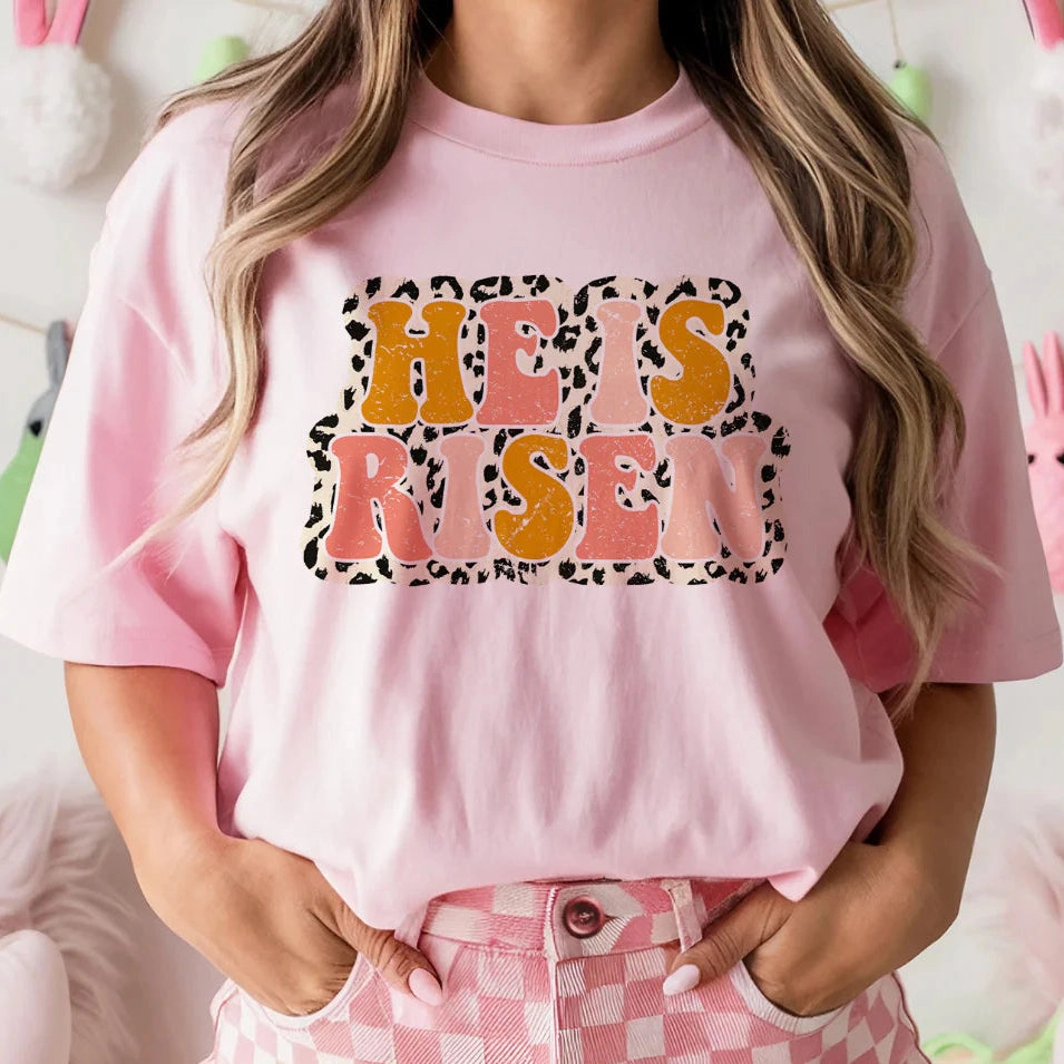 Simple Comfort Online Exclusive | He is Risen Cheetah Print Graphic Tee in Baby Pink