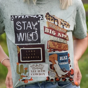 Online Exclusive | Stay Wild Cowboy Collage Graphic on Short Sleeve Comfort Color Tee in Green Stretchable Fabric Flexible Ribbed Neckline