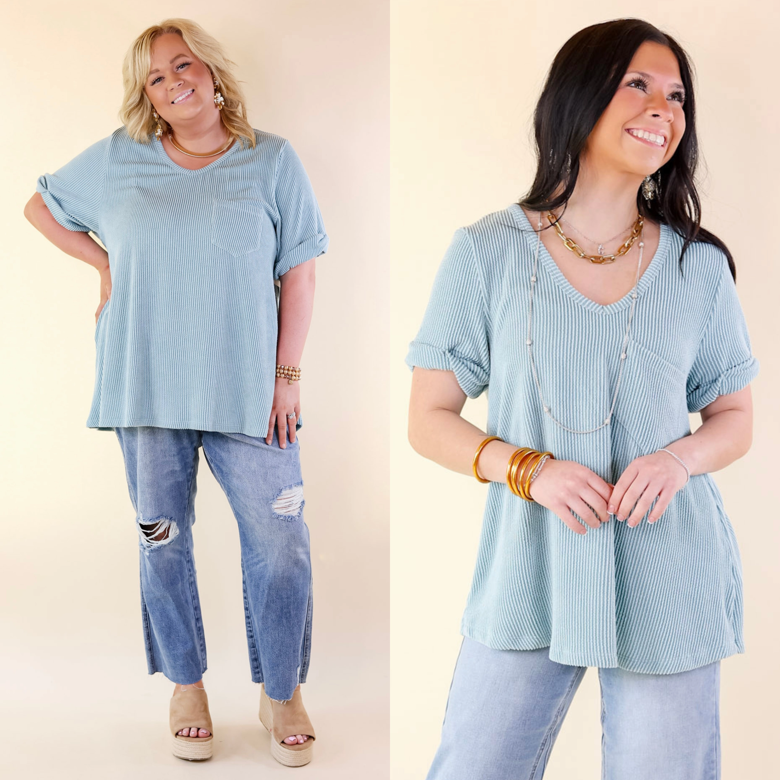 Korean Fresh Fashion Core Only True Love Ribbed Short Sleeve Top with Front Pocket in Dusty Turquoise