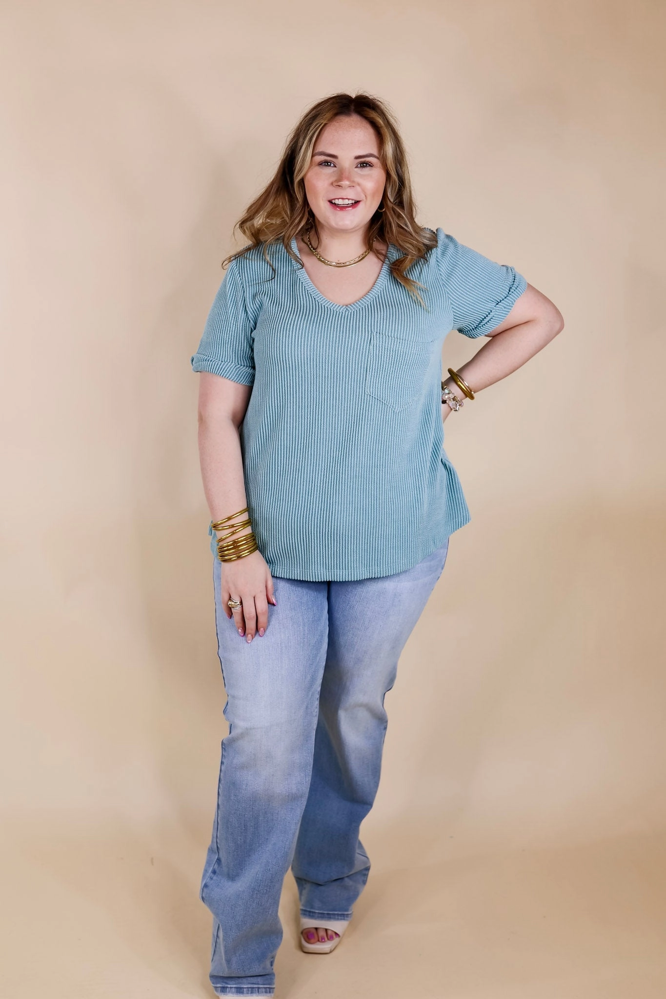 Only True Love Ribbed Short Sleeve Top with Front Pocket in Dusty Turquoise HighCollar Style