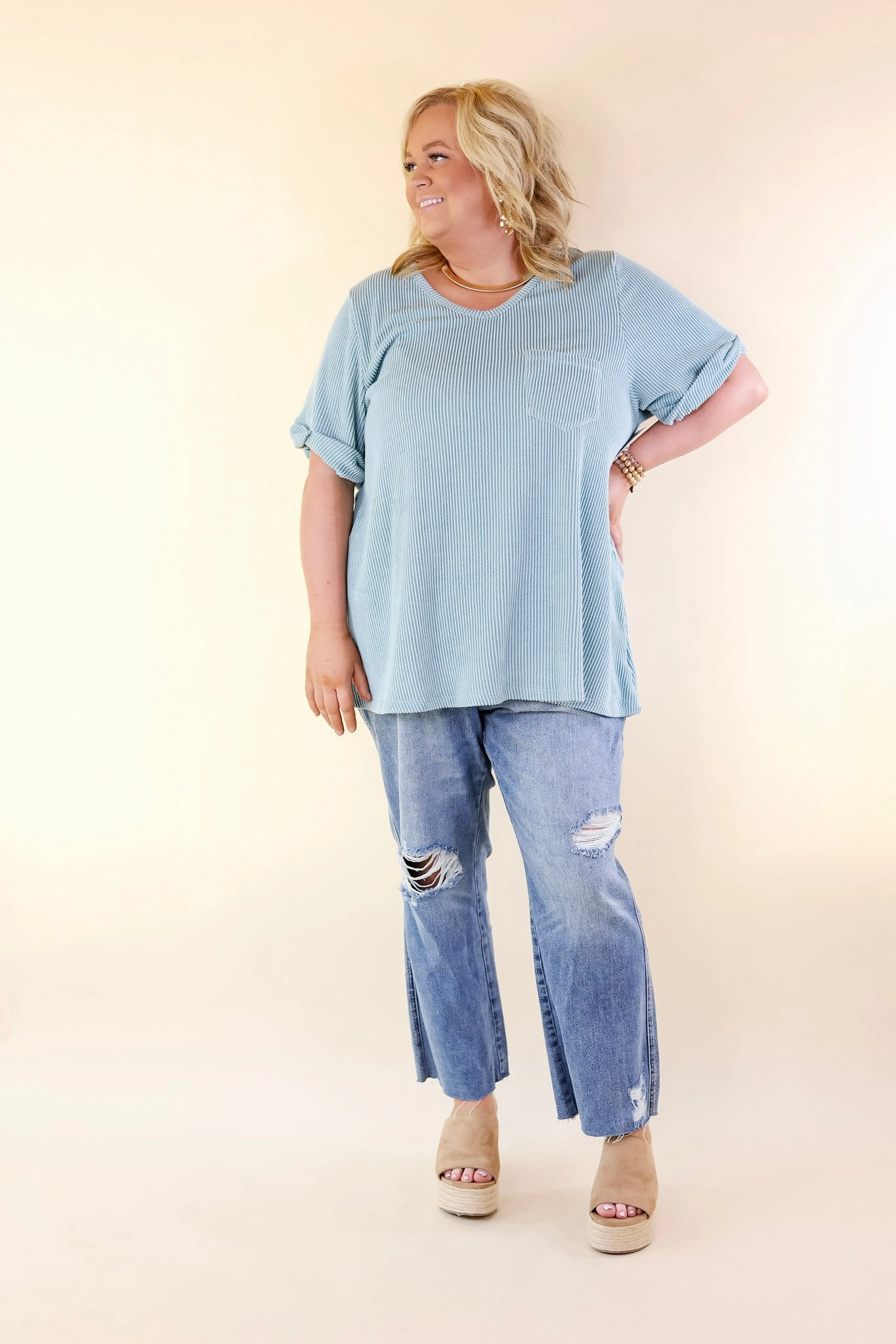 Only True Love Ribbed Short Sleeve Top with Front Pocket in Dusty Turquoise Car Cool OdorResistant Material