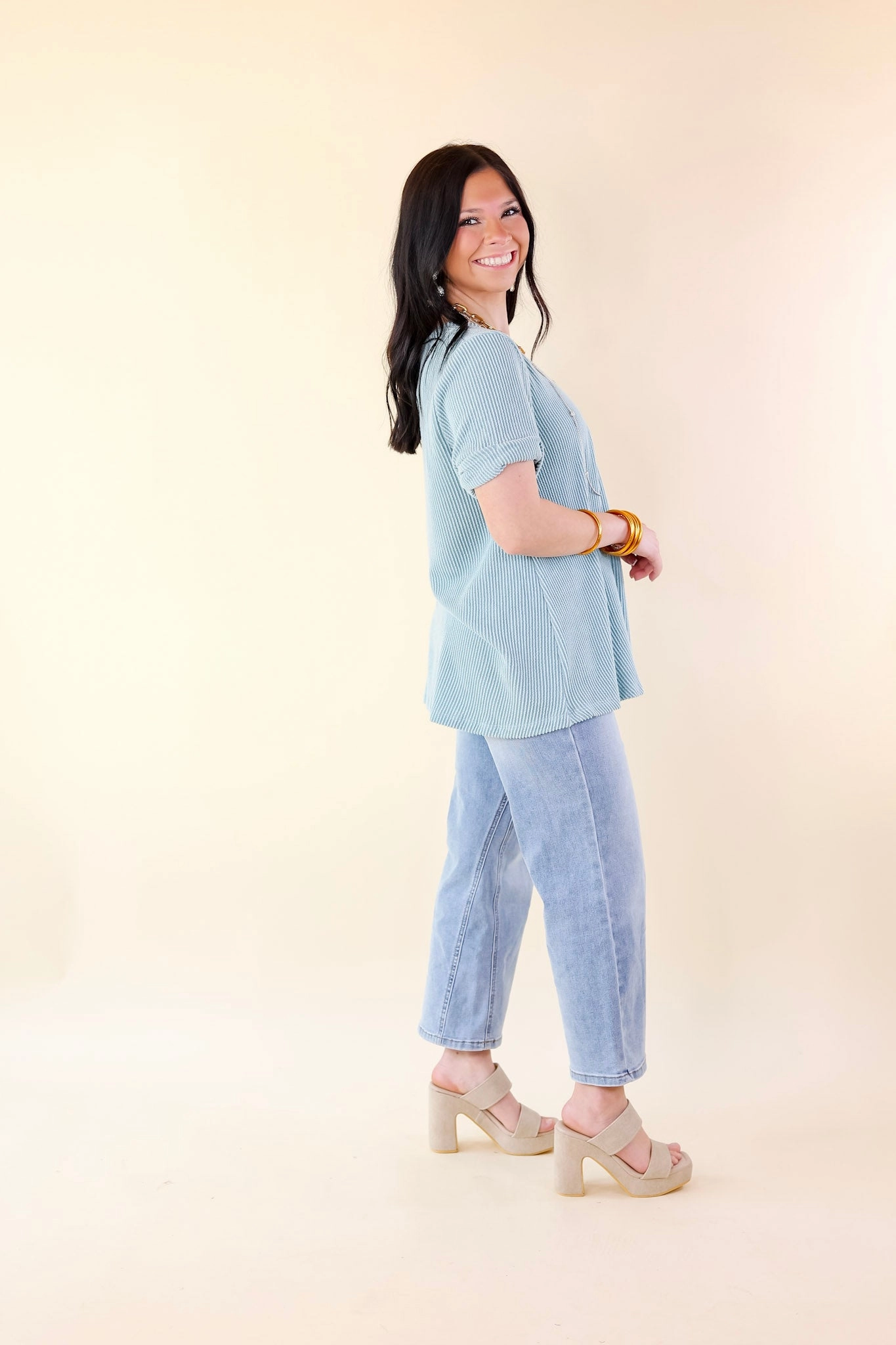 Only True Love Ribbed Short Sleeve Top with Front Pocket in Dusty Turquoise Hot Core Zero Waste