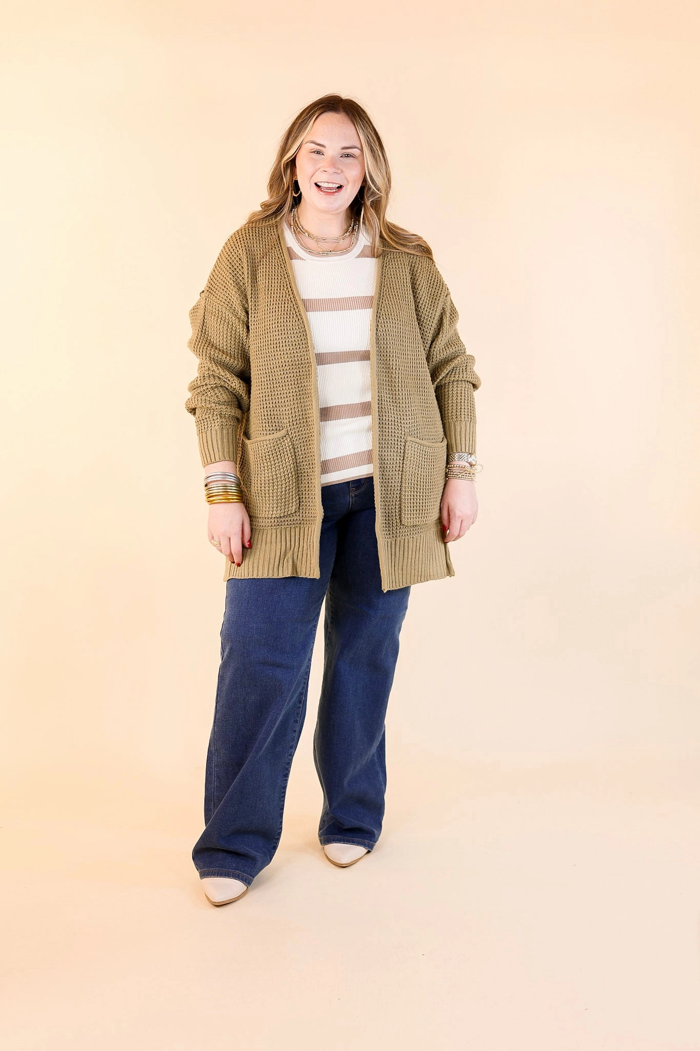 Cozy Layers Waffle Knit Cardigan in Khaki Tan Stretchable Waistband