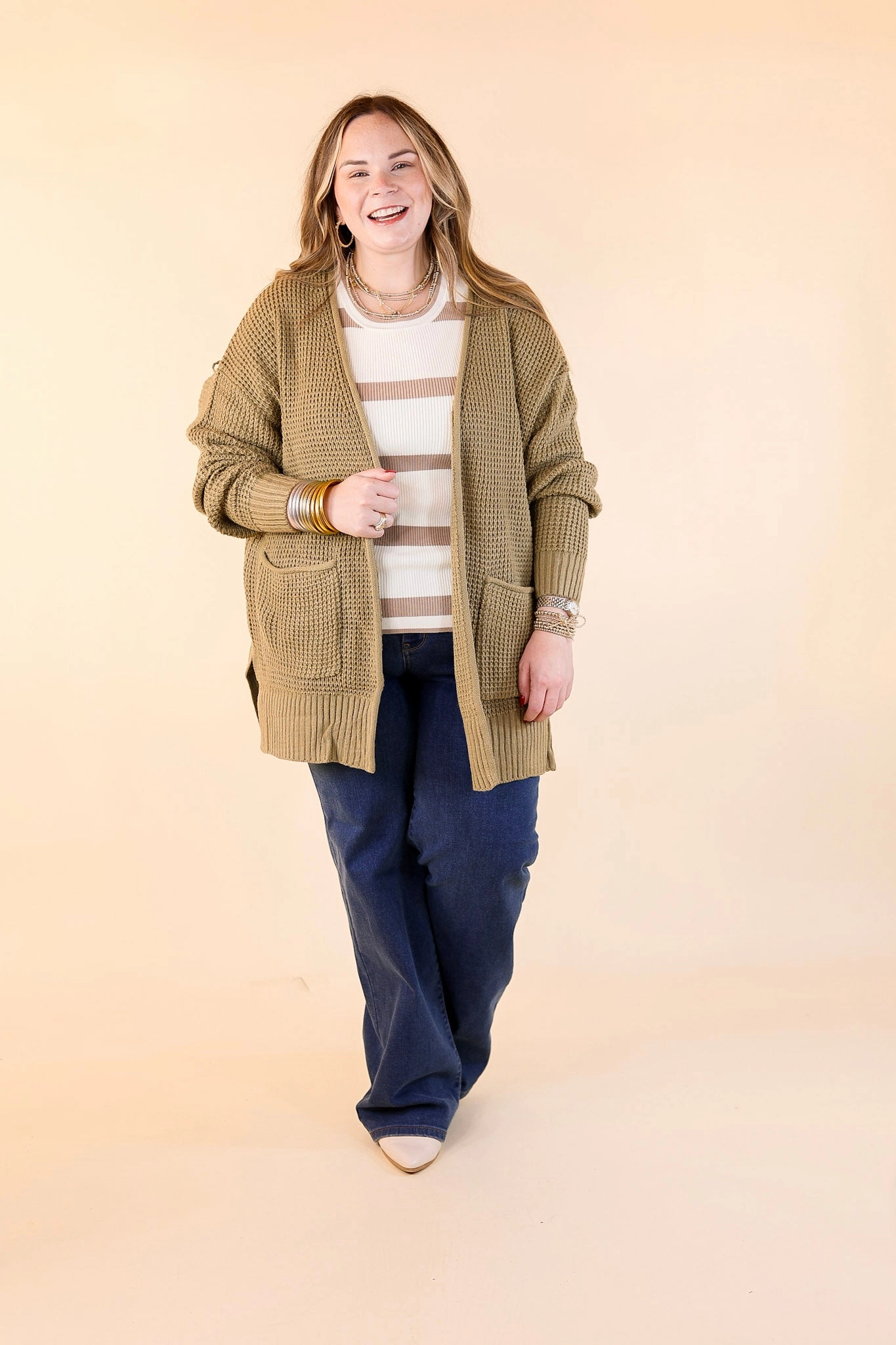 Cozy Layers Waffle Knit Cardigan in Khaki Tan Non Restrictive Mobility Loose Tee