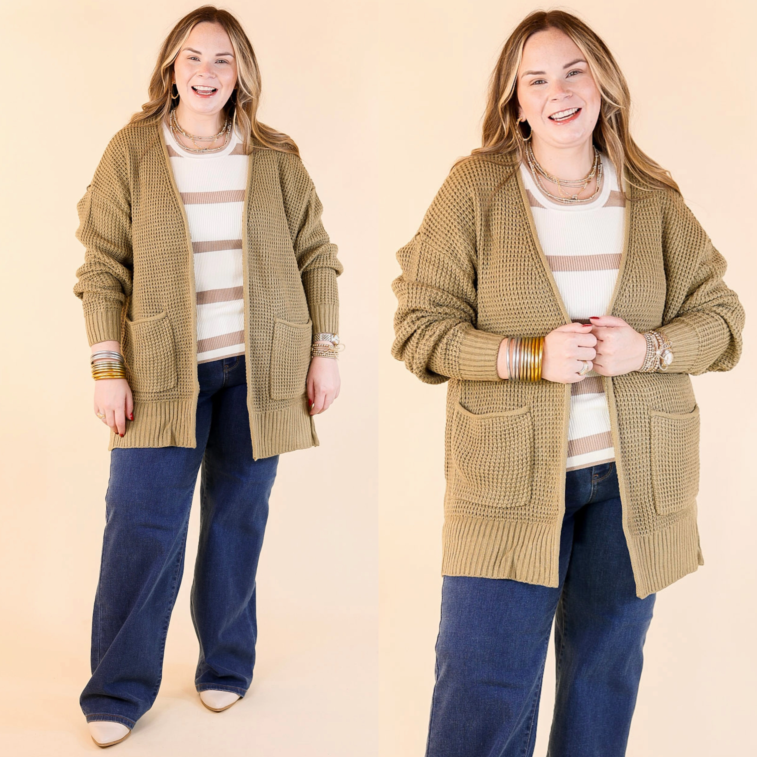 Cozy Layers Waffle Knit Cardigan in Khaki Tan Sustain Glow Tagless Design
