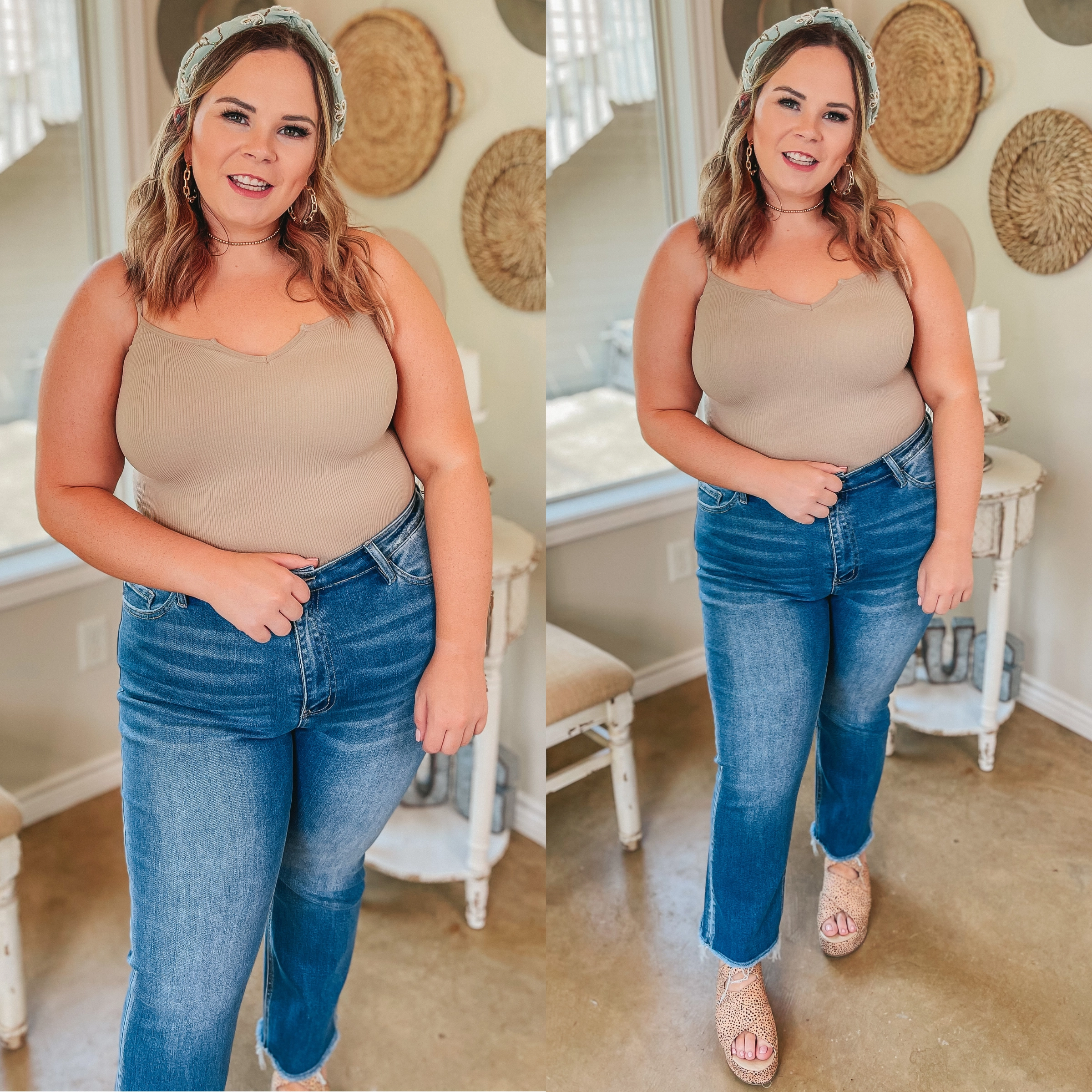 Pure Delight Ribbed Spaghetti Strap Body Suit with Notched Front in Taupe Fleece Pullover sporty wear