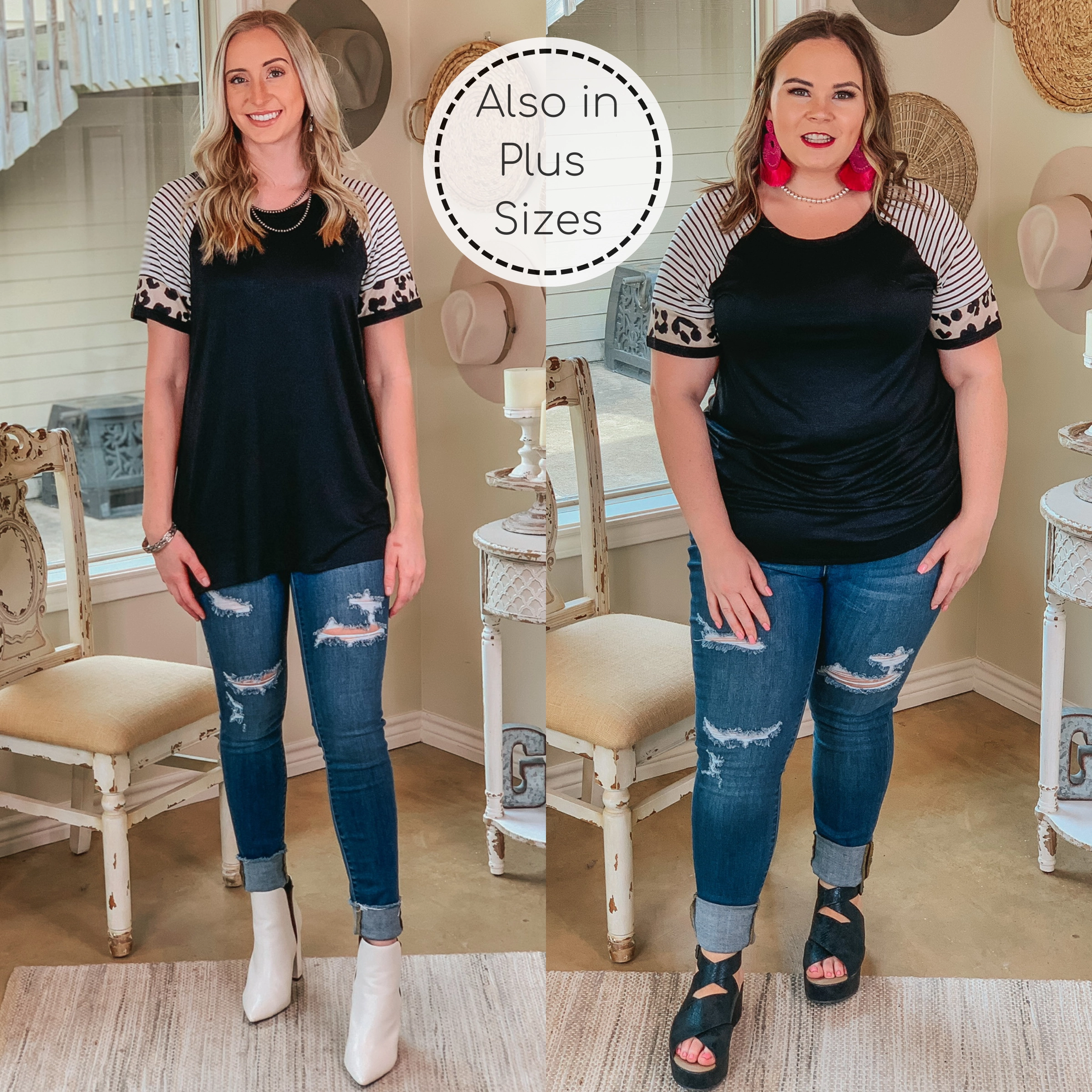 AntiPillingCloth Last Chance Size Small | Here All Year Leopard and Stripe Short Sleeve Top in Black