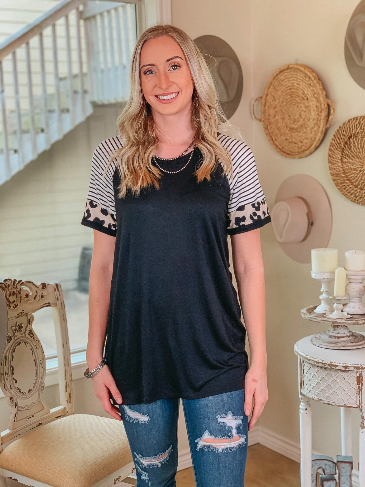 Last Chance Size Small | Here All Year Leopard and Stripe Short Sleeve Top in Black Windproof Fabric Sporty Gear