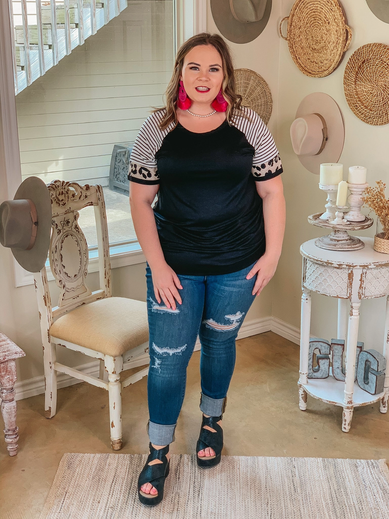 Clear Glow Last Chance Size Small | Here All Year Leopard and Stripe Short Sleeve Top in Black