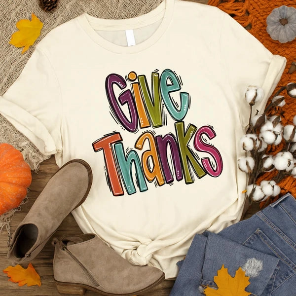 Online Exclusive | Fall Colors Give Thanks Graphic on Short Sleeve Tee in Natural Cream NeutralTonesCollection Relaxed Flex