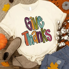 Online Exclusive | Fall Colors Give Thanks Graphic on Short Sleeve Tee in Natural Cream Organic Cotton Stretchy Fit