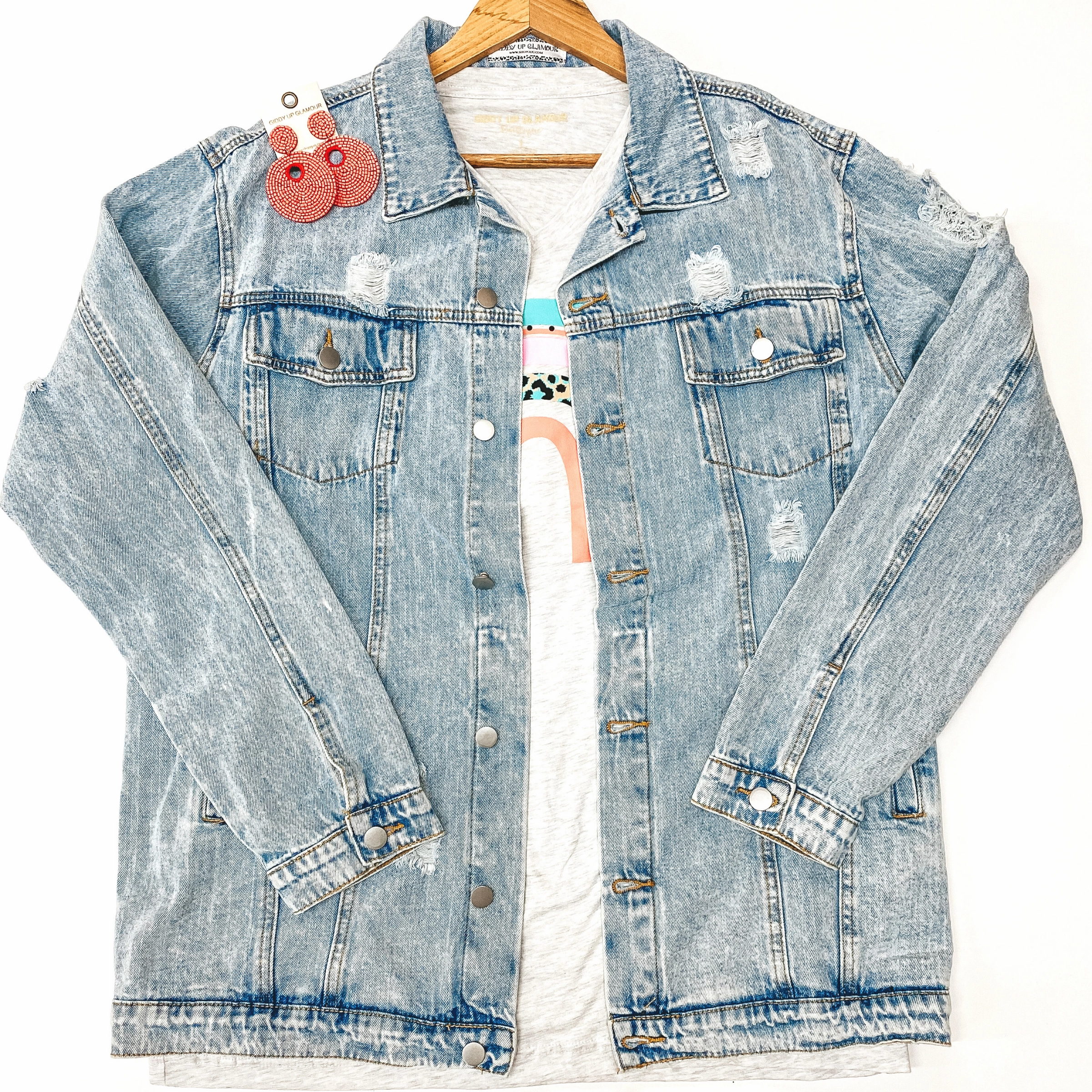 Plus Sizes | On The Road Distressed Button Up Denim Jacket in Light Wash Hydrophobic Treatment Ergonomic Sleeve Shaping