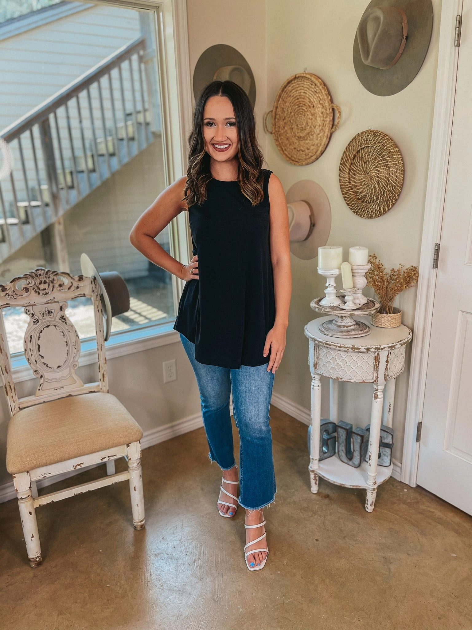 Photo Fit Stylish Hat Give Me Joy Solid Bulgari A-Line Tank Top in Black