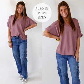 Last Chance Size small and XL | Lovely Dear V Neck Short Sleeve Solid Top in Mauve Purple Winter Fashion Strong Soul