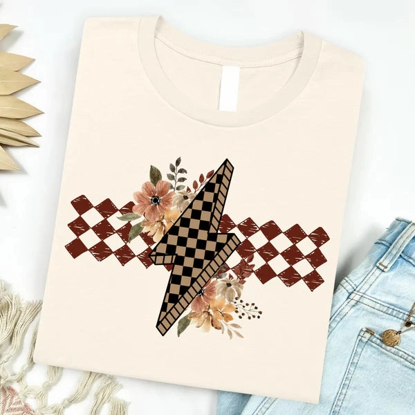 Online Exclusive | Checkered Floral Bolt Graphic on Short Sleeve Tee in Natural Cream Casual Choice Wear