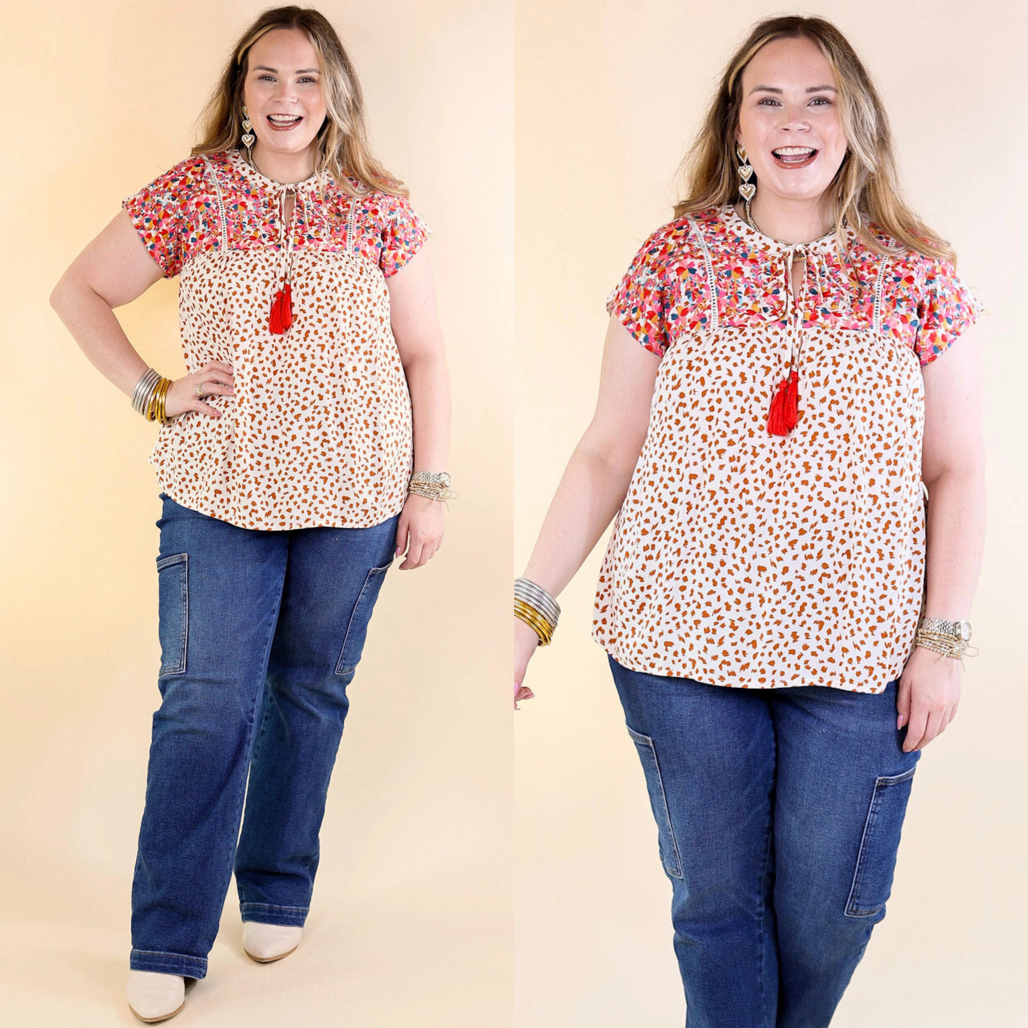Durable Interlock Stitch Fredericksburg In the Fall Embroidered Dotted Print Top with Front Keyhole in Ivory