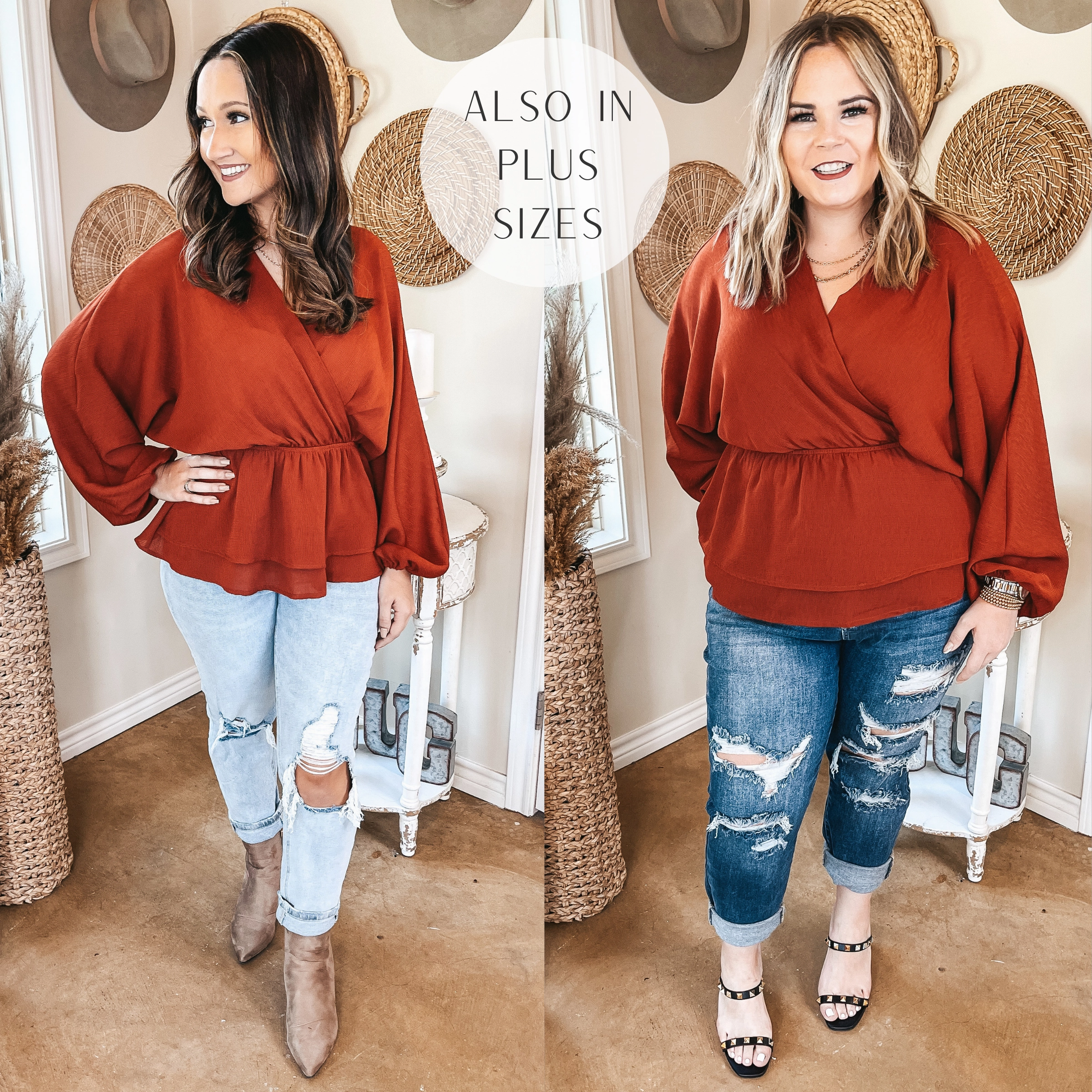 Last Chance Size Small | Move to the Music Long Sleeve Deep V Peplum Top in Rust Red Office Glam Dense Fit