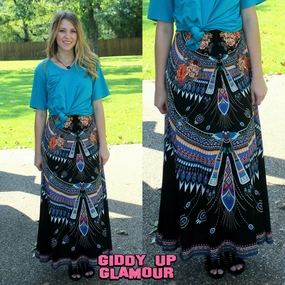 Unique Vibes Floral & Aztec Print Maxi Skirt in Black Stretchable Fabric CompactFold