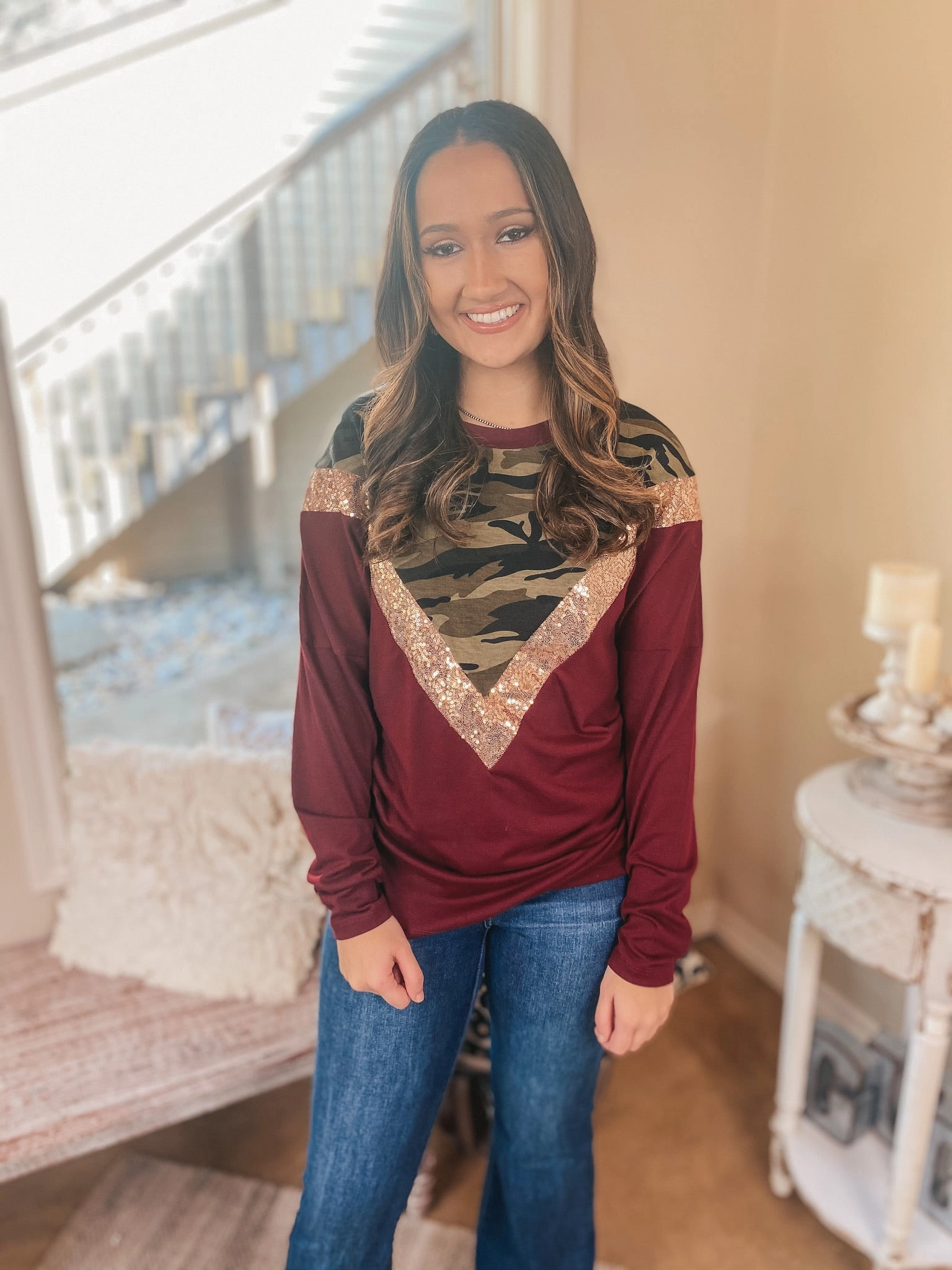 SustainableYarnBlend Concert Vibe Last Chance Size Small & 3XL | A Sparkly Mindset Camouflage and Sequin Color Block Top in Maroon