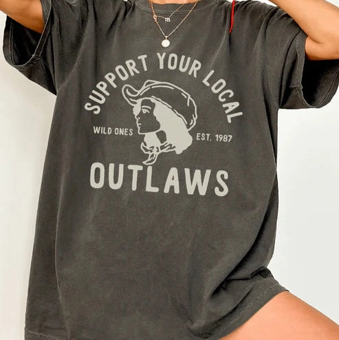 Online Exclusive | Support Your Local Outlaws Short Sleeve Graphic Comfort Color Tee in Pepper Black Animal print wildness Casual Wearable
