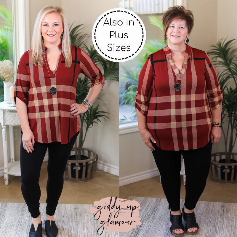 Last Chance Size Small | Scenic Route Plaid Collared Tunic Top in Maroon Cool Glow Soul Ease