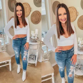 Flirty Phase Deep V Neck Long Sleeve Crop Top in White Formal Shirt