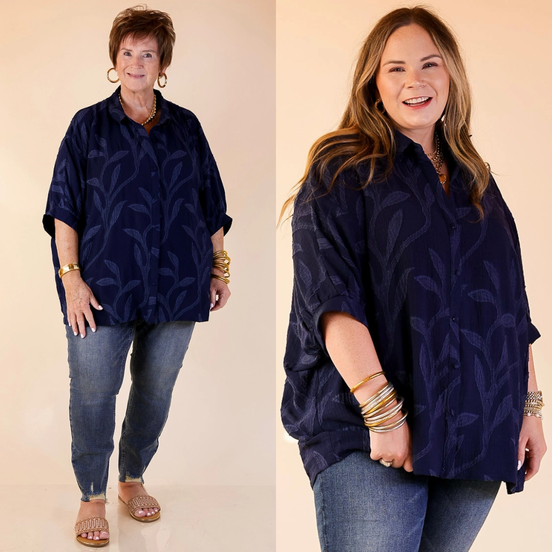Flirty in Floral Textured Floral Print Button Up Collared Blouse in Navy Blue Subtle Print Double Stitched Seams