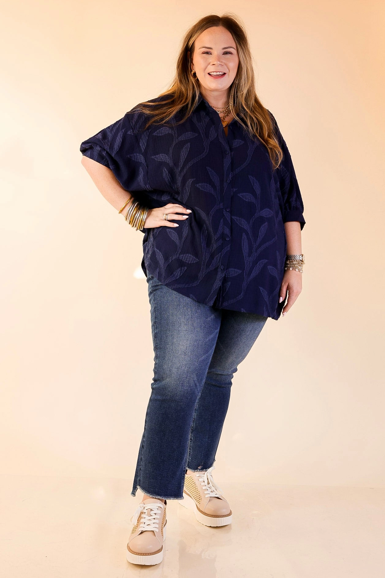 Flirty in Floral Textured Floral Print Button Up Collared Blouse in Navy Blue Sophisticated Elegance