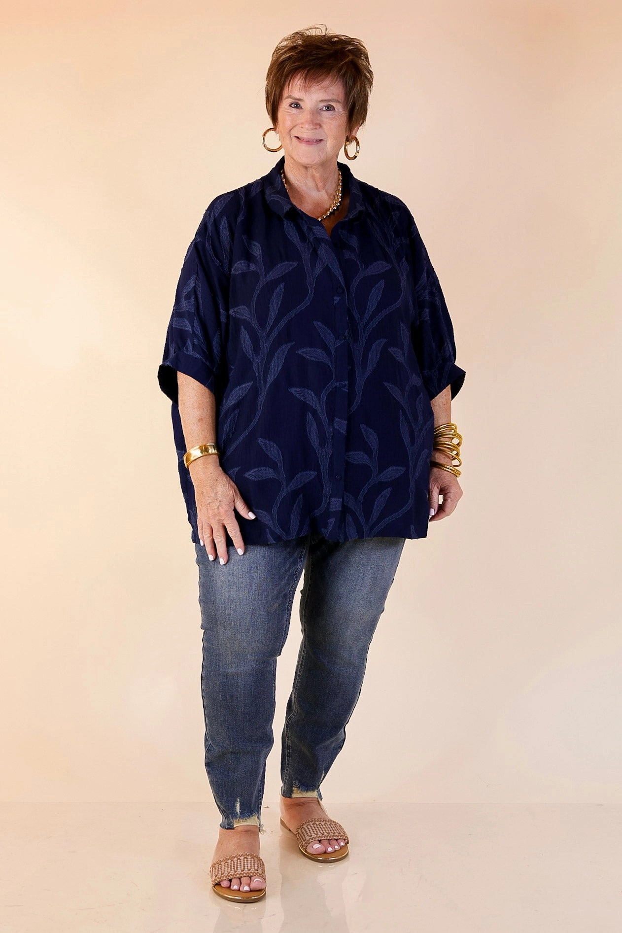 All-day Comfort Flirty in Floral Textured Floral Print Button Up Collared Blouse in Navy Blue
