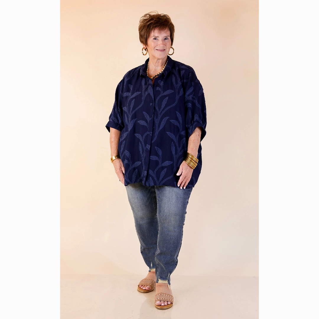 Flirty in Floral Textured Floral Print Button Up Collared Blouse in Navy Blue Non Chafe Seams