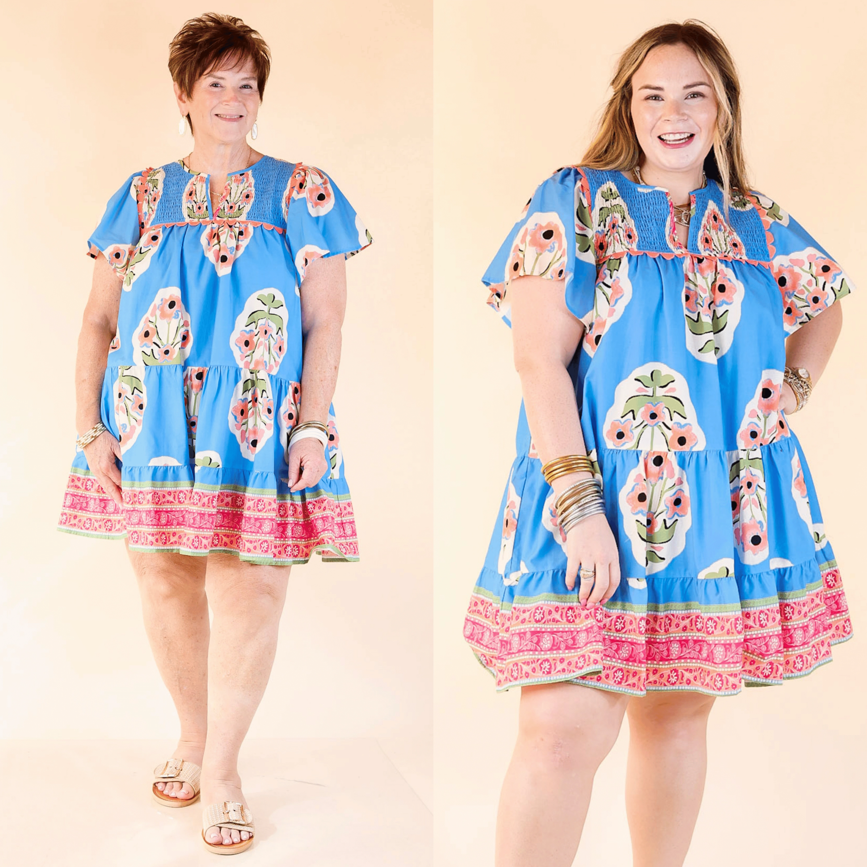 Floral Crush Dress with Pink Rickrack Trim and Partial Smocked Bodice in Blue Flexible Joints CompactWeave